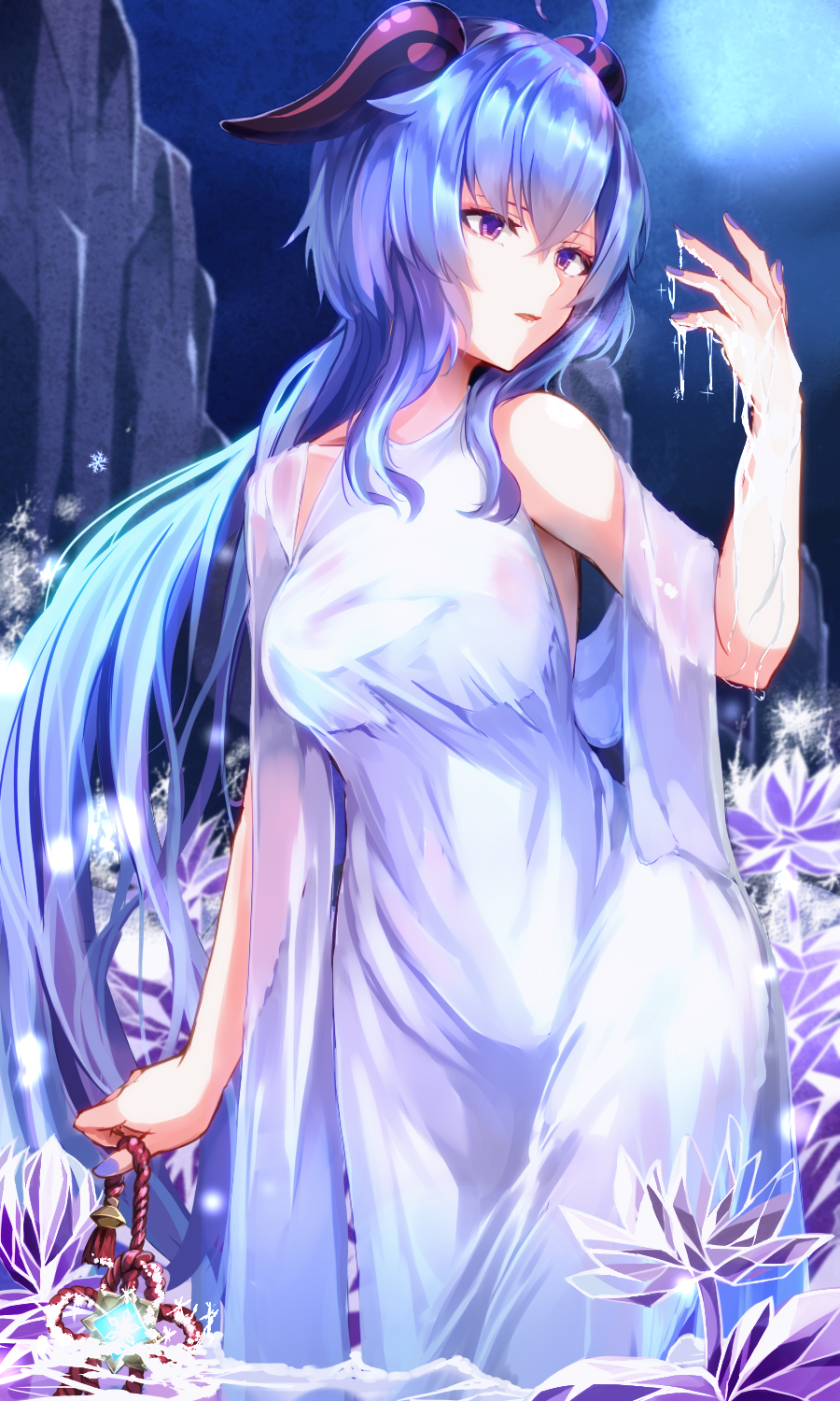 1girl bangs bare_shoulders blue_hair commentary_request curled_horns dress ekusera eyebrows_behind_hair full_moon ganyu_(genshin_impact) genshin_impact hair_between_eyes hand_up highres horns long_hair looking_away looking_to_the_side moon nail_polish night night_sky outdoors parted_lips purple_nails see-through sky sleeveless sleeveless_dress solo very_long_hair violet_eyes water wet wet_clothes wet_dress white_dress