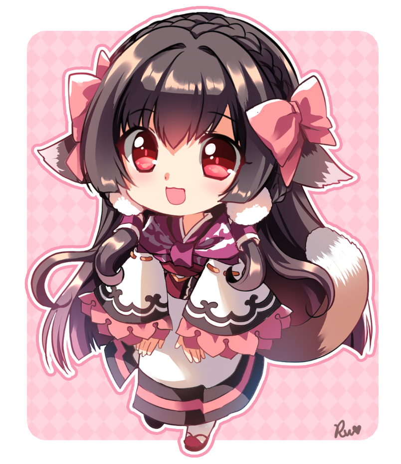 1girl :d animal_ears argyle argyle_background bangs black_hair bow braid commentary_request crown_braid dress eyebrows_visible_through_hair frilled_sleeves frills full_body hair_between_eyes hair_bow long_hair long_sleeves open_mouth pink_background pink_bow red_eyes red_footwear rurutie_(utawarerumono) sakurano_ru signature sleeves_past_wrists smile solo tail utawarerumono utawarerumono:_itsuwari_no_kamen very_long_hair virtual_youtuber white_dress wide_sleeves