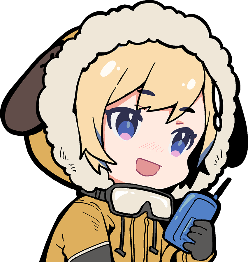 1girl alternate_costume animal_ears blonde_hair blue_eyes chibi dog_ears drawstring eyebrows_visible_through_hair goggles goggles_around_neck hololive hololive_english multicolored multicolored_eyes ninomae_ina'nis_(artist) open_mouth parka pink_eyes talking_on_phone walkie-talkie watson_amelia