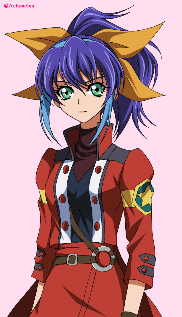 1girl ariamelos blue_hair closed_mouth green_eyes high_ponytail multicolored_hair serena_(yuu-gi-ou_arc-v) single_glove uniform yellow_bow yuu-gi-ou yuu-gi-ou_arc-v