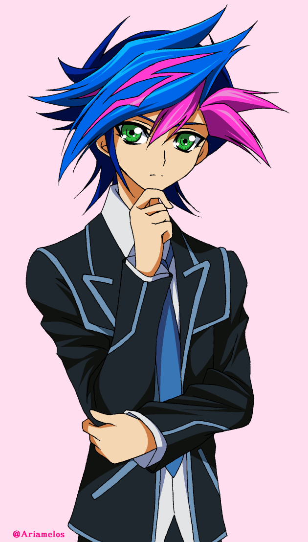 1boy ariamelos fujiki_yuusaku green_eyes multicolored_hair school_uniform yuu-gi-ou yuu-gi-ou_vrains