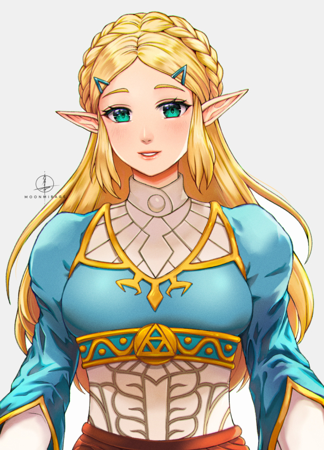 1girl aqua_eyes artist_name blush braid breasts crown_braid grey_background hair_ornament hairclip long_hair long_pointy_ears looking_at_viewer medium_breasts moon_mirage parted_lips pointy_ears princess_zelda smile solo the_legend_of_zelda the_legend_of_zelda:_breath_of_the_wild