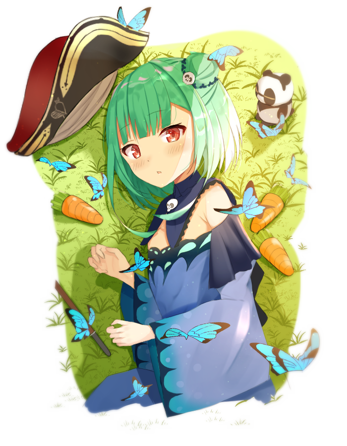 1girl blush bug butterfly carrot cropped_torso double_bun flat_chest grass green_hair hair_ornament hat hat_removed headwear_removed hololive insect kintsuba_(shiranui_flare) long_sleeves looking_at_viewer lying on_grass on_side parted_lips pirate_hat razerman121 red_eyes short_hair skull_hair_ornament solo uruha_rushia virtual_youtuber