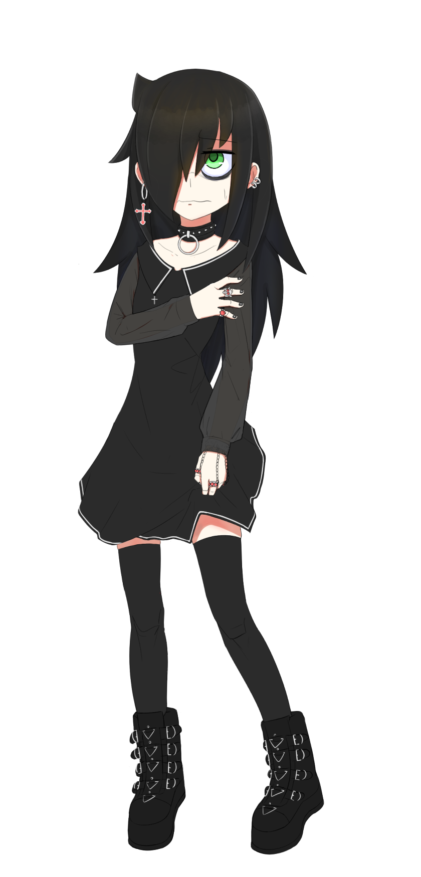 1girl bags_under_eyes black_dress black_hair black_legwear choker cross dress dress_lift earrings gothic gothic_lolita hair_over_one_eye highres jewelry kuroki_tomoko lifted_by_self lolita_fashion long_hair solo sweatdrop watashi_ga_motenai_no_wa_dou_kangaetemo_omaera_ga_warui!