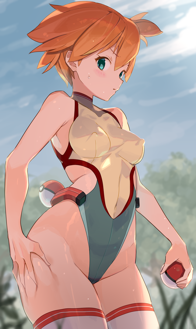 1girl adapted_costume blue_eyes blue_sky breasts clouds cowboy_shot day highleg highleg_leotard holding holding_poke_ball leotard looking_at_viewer medium_breasts misty_(pokemon) multicolored_leotard orange_hair outdoors poke_ball pokemon pokemon_(anime) pokemon_(classic_anime) short_hair side_ponytail sky solo spring20134 thigh-highs white_legwear