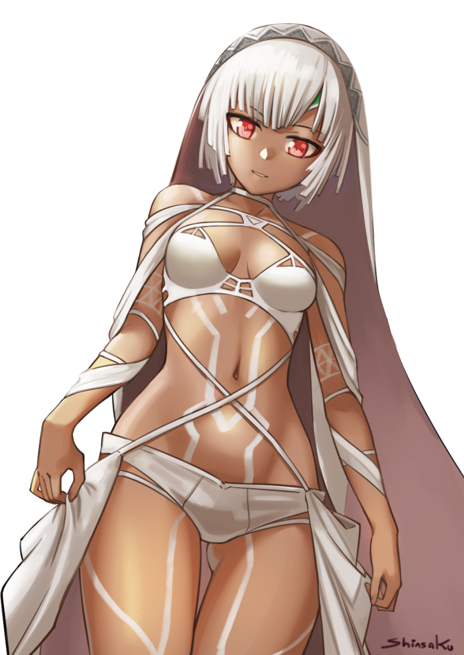 1girl altera_(fate) bangs bare_shoulders bikini breasts collarbone dark_skin dark-skinned_female fate/extella fate/extra fate/grand_order fate_(series) full_body_tattoo highres large_breasts looking_at_viewer lostroom_outfit_(fate) medium_breasts navel red_eyes shinsaku_(stan-art) short_hair smile swimsuit tattoo thighs veil white_bikini white_hair