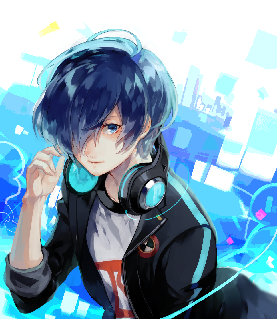 1boy arm_up bangs black_jacket blazer blue_eyes blue_hair gekkoukan_high_school_uniform glowing glowing_hair hair_over_one_eye hand_up happy headphones headphones_around_neck headphones_removed jacket light_smile long_bangs lor_(roasyerizyonirapi) multicolored multicolored_background persona persona_3 persona_3:_dancing_moon_night school_uniform shapes shirt simple_background sleeves_past_elbows sleeves_rolled_up smile solo_focus t-shirt white_shirt yuuki_makoto