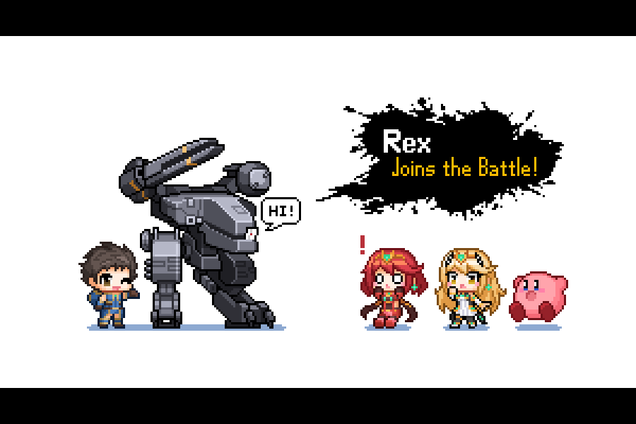 1boy 2girls 3reforged blonde_hair earrings jewelry kirby kirby_(series) long_hair mecha metal_gear_(series) metal_gear_rex miniskirt multiple_girls mythra_(xenoblade) pixel_art pyra_(xenoblade) redhead rex_(xenoblade) short_hair simple_background skirt super_smash_bros. tiara xenoblade_chronicles_(series) xenoblade_chronicles_2