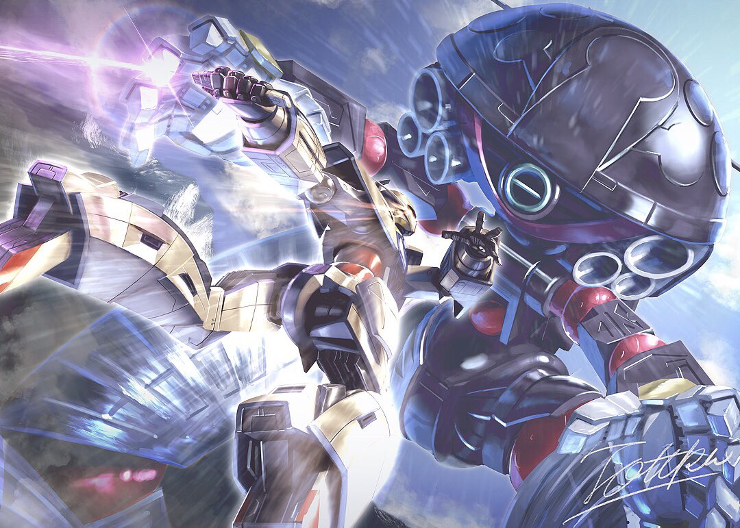 battle beam_saber gundam holding holding_sword holding_weapon lens_flare mecha no_humans signature size_difference sword totthii0081 turn_a_gundam turn_a_gundam_(mobile_suit) wadom weapon