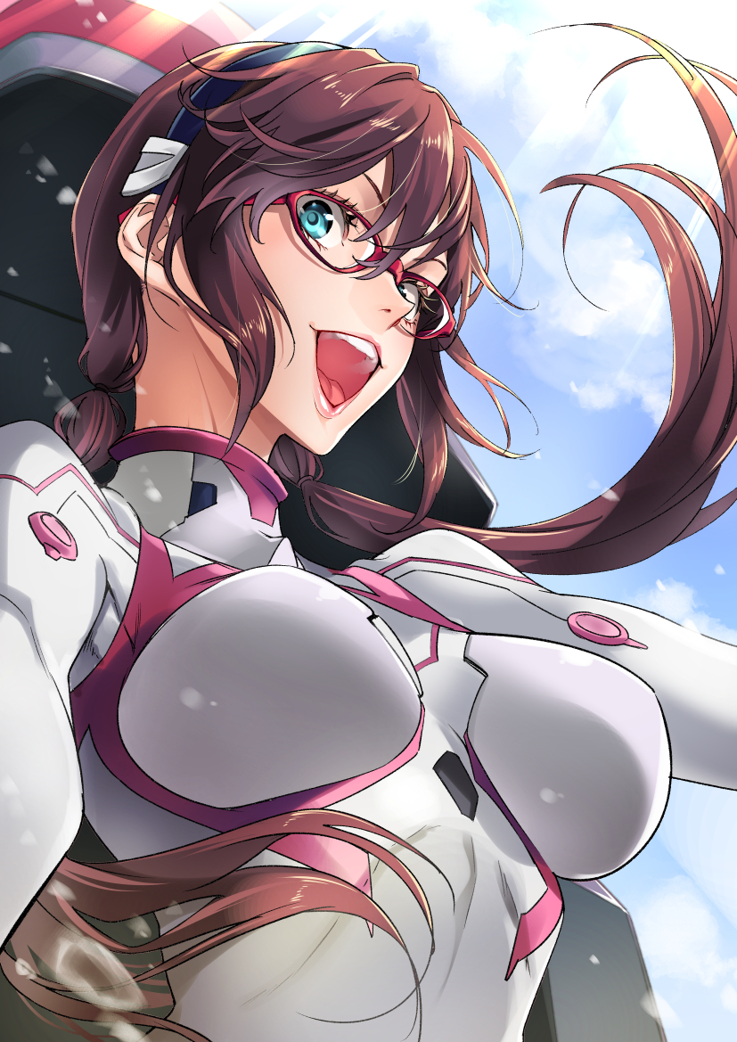 black_hair bodysuit breasts glasses green_eyes interface_headset large_breasts long_hair makinami_mari_illustrious neon_genesis_evangelion plugsuit rebuild_of_evangelion saeki_shun skin_tight twintails white_bodysuit