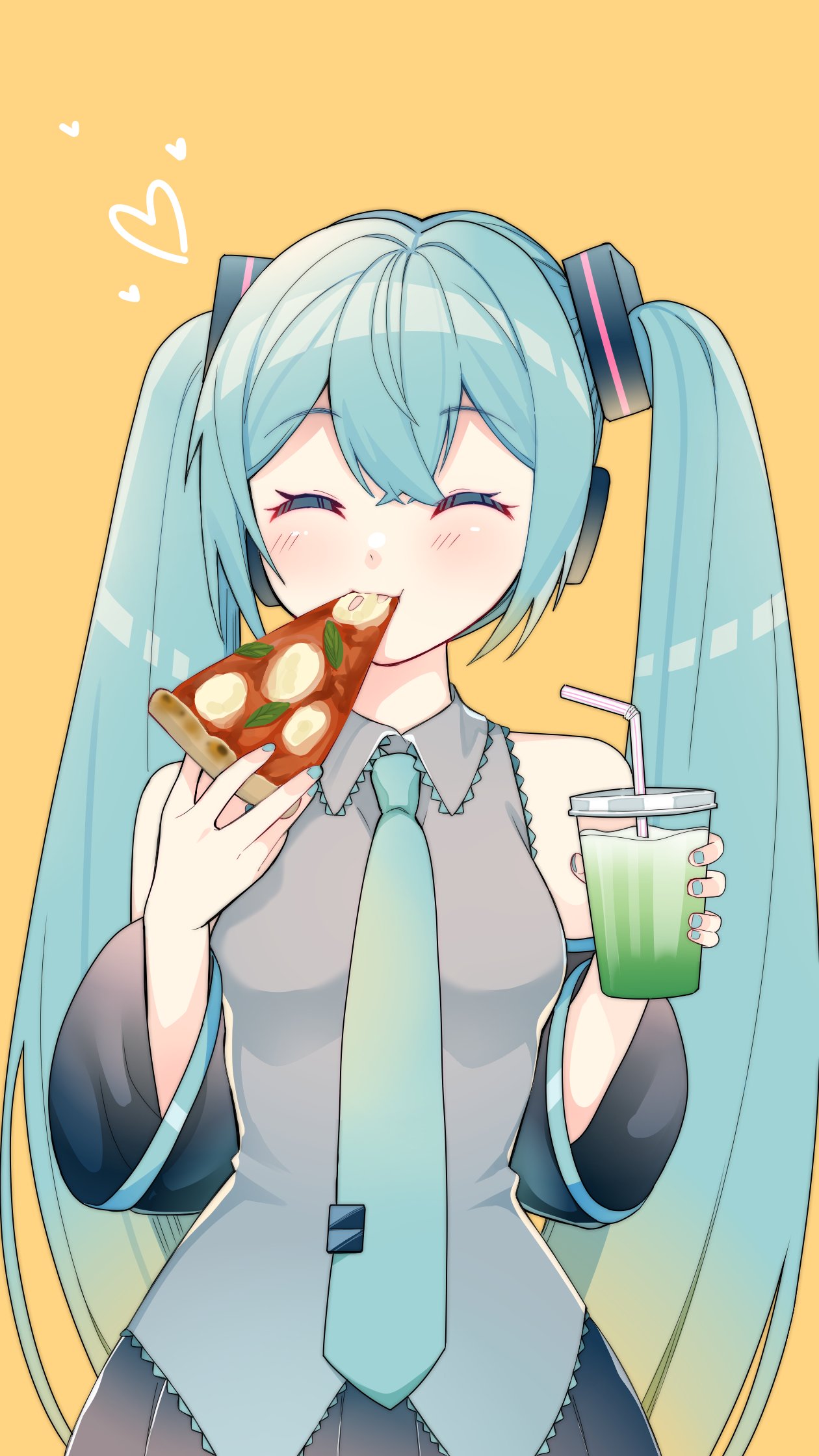 1girl aqua_hair aqua_nails aqua_neckwear bare_shoulders black_skirt black_sleeves closed_eyes cup detached_sleeves drink drinking_straw eating facing_viewer food frilled_shirt frilled_shirt_collar frills grey_shirt hair_ornament hands_up hatsune_miku headphones heart highres holding holding_cup holding_food holding_pizza long_hair masumofu miniskirt nail_polish necktie pizza pleated_skirt shirt skirt sleeveless sleeveless_shirt solo tie_clip twintails very_long_hair vocaloid yellow_background