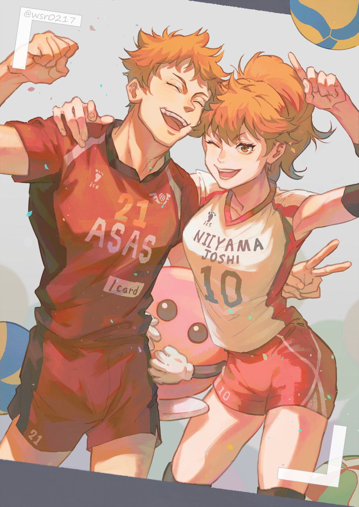 1boy 1girl ^_^ arm_around_back arm_up bangs brother_and_sister clenched_hand closed_eyes confetti cowboy_shot dutch_angle feet_out_of_frame gloves haikyuu!! high_ponytail highres hinata_natsu hinata_shouyou long_hair looking_at_viewer mascot one_eye_closed open_mouth orange_eyes orange_hair ponytail salute short_hair shorts siblings smile spoilers sportswear standing teeth v viewfinder volleyball volleyball_uniform white_gloves wsr_cao_rong_rong