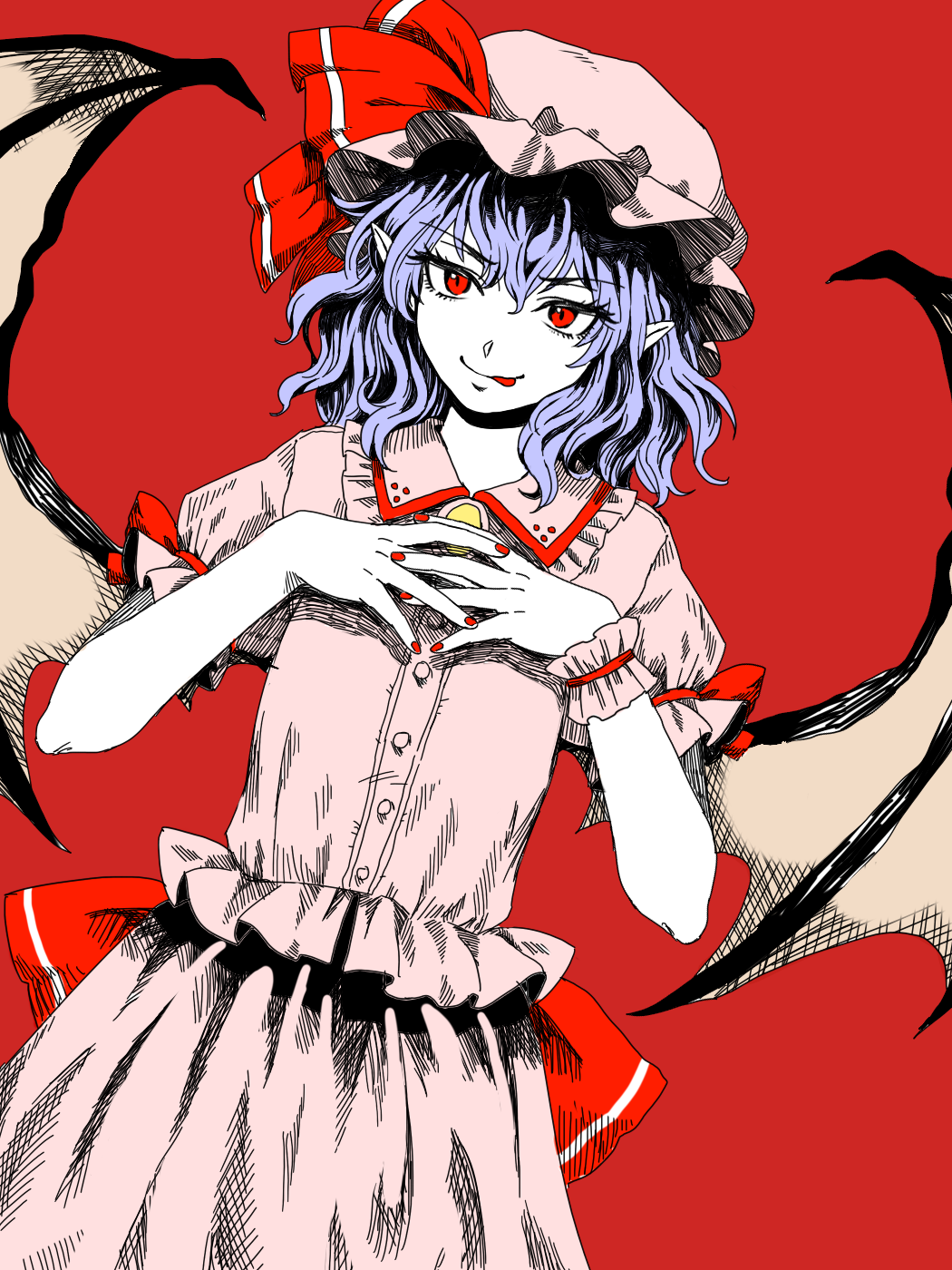 1girl :p bangs bat_wings bow brooch buttons closed_mouth cowboy_shot dress dutch_angle eyebrows_visible_through_hair eyelashes flat_chest frilled_shirt_collar frills hair_between_eyes hands_up hat hat_bow highres jewelry kuya_(hey36253625) looking_at_viewer mob_cap pointy_ears puffy_short_sleeves puffy_sleeves purple_hair red_background red_bow red_eyes remilia_scarlet short_hair short_sleeves simple_background solo tongue tongue_out touhou white_dress white_headwear wings wrist_cuffs