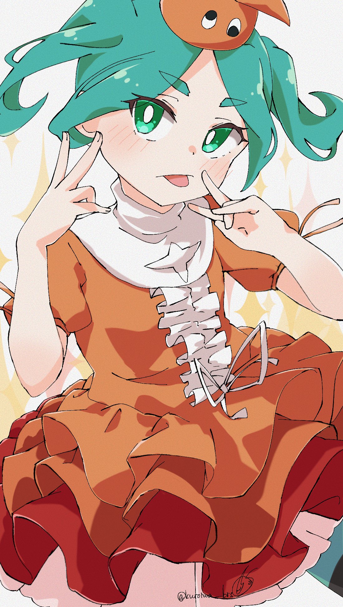 1girl character_doll dress eyebrows_visible_through_hair frilled_dress frills green_eyes green_hair hat highres kuroiwa_brs looking_at_viewer monogatari_(series) multicolored multicolored_clothes ononoki_yotsugi orange_dress orange_headwear peace_symbol short_twintails tongue tongue_out tsukimonogatari twintails v