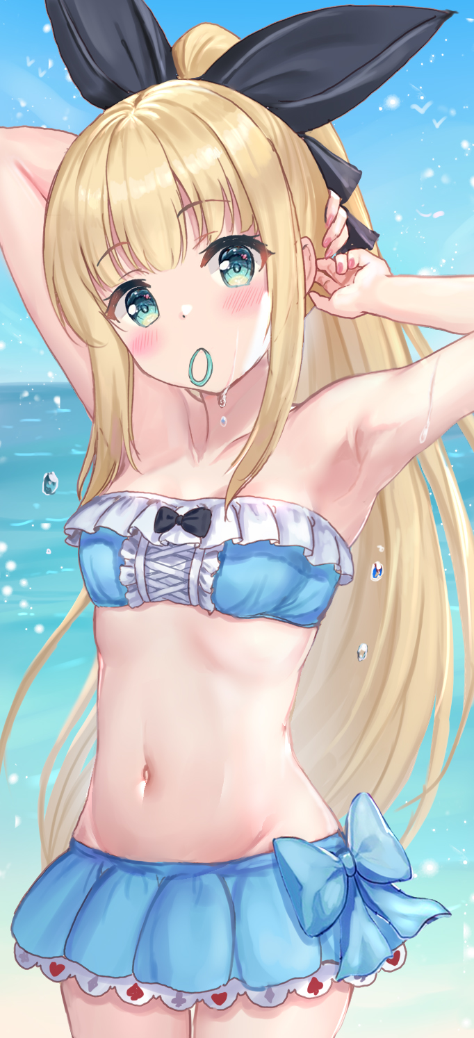 1girl akabane_(zebrasmise) aqua_eyes armpits arms_up bare_arms bare_shoulders beach bikini blonde_hair blue_bikini blue_skirt breasts collarbone cowboy_shot frilled_bikini frills groin hair_ribbon hair_tie_in_mouth highres long_hair looking_at_viewer miniskirt mononobe_alice mouth_hold navel nijisanji outdoors pleated_skirt ponytail ribbon skirt small_breasts solo standing stomach strapless strapless_bikini swimsuit tubetop virtual_youtuber wet