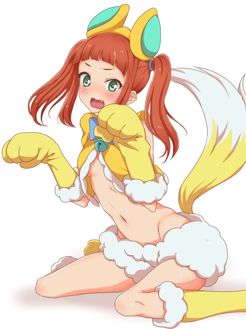 1girl aikatsu!_(series) aikatsu_stars! animal_costume animal_ears aqua_eyes bangs bell blouse blue_bow blunt_bangs blush boots bow bowtie breasts embarrassed fake_animal_ears fake_tail fang fox_costume fox_ears fox_tail frilled_blouse fur-trimmed_footwear fur-trimmed_gloves fur_trim gloves groin knee_boots kumahubuki long_hair looking_at_viewer midriff navel neck_bell no_bra nose_blush open_mouth orange_hair paw_gloves paw_pose paws saotome_ako shadow shiny shiny_hair shiny_skin simple_background sitting sleeveless_blouse small_breasts solo stomach tail twintails under_boob v-shaped_eyebrows wariza white_background wool_shorts yellow_blouse yellow_footwear