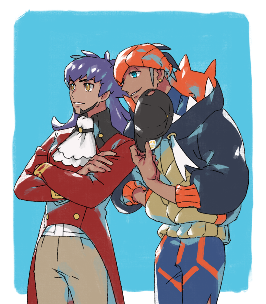 2boys bangs baseball_cap black_hair black_headwear black_hoodie blue_eyes commentary_request cravat crossed_arms dark_skin dark_skinned_male earrings facial_hair gym_leader hand_in_pocket hat holding holding_clothes holding_hand holding_hat hood hoodie jewelry leon_(pokemon) long_hair long_sleeves male_focus multiple_boys orange_headwear pants parted_lips pokemon pokemon_(game) pokemon_swsh purple_hair raihan_(pokemon) shorts side_slit side_slit_shorts smile suruga_dbh tailcoat undercut white_neckwear yellow_eyes