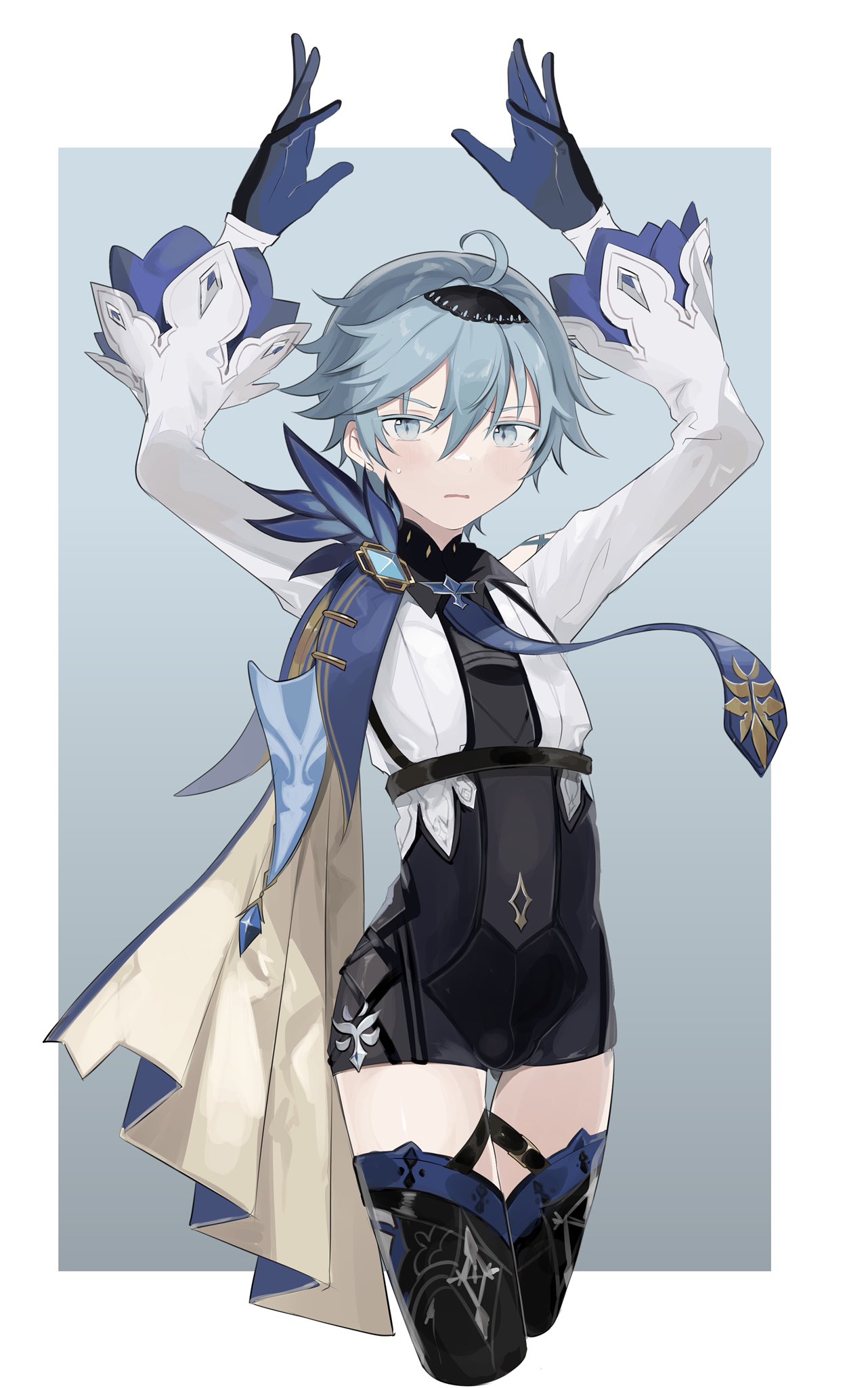 1boy ahoge arms_up bangs black_hairband blue_gloves blue_neckwear blush boots cape chongyun_(genshin_impact) cosplay crossdressinging eula_(genshin_impact) eula_(genshin_impact)_(cosplay) genshin_impact gloves hair_between_eyes hairband highres light_blue_eyes light_blue_hair long_sleeves male_focus necktie open_mouth pose simple_background solo sweat thigh-highs thigh_boots yoko_(nz_g)