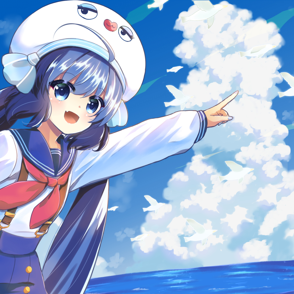 1girl bird blue_collar blue_eyes blue_hair blue_skirt clouds collar collared_shirt commentary day eel_hat fang large_hat leaning_forward long_hair looking_at_viewer mitsugushi_yuu neckerchief ocean open_mouth otomachi_una outdoors pointing red_neckwear sailor_collar school_uniform shirt skin_fang skirt smile solo suspender_skirt suspenders twintails upper_body very_long_hair vocaloid white_bird white_headwear white_shirt