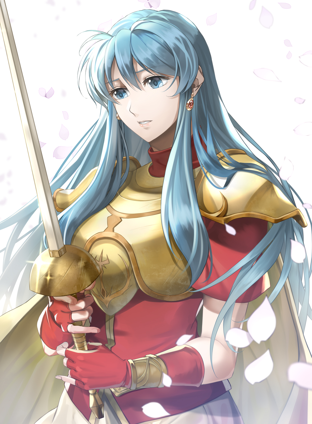 1girl aqua_eyes aqua_hair armor bangs breastplate breasts cape delsaber earrings eirika_(fire_emblem) eyebrows_visible_through_hair fingerless_gloves fire_emblem fire_emblem:_the_sacred_stones gloves gold_armor highres jewelry long_hair looking_to_the_side parted_lips petals rapier red_gloves red_shirt shadow shiny shiny_hair shirt short_sleeves sidelocks simple_background solo sword upper_body weapon white_background