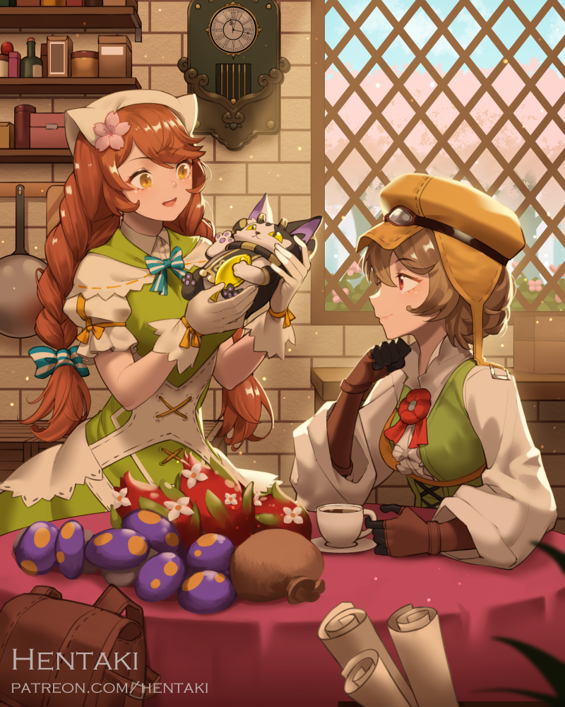 2girls artist_name blue_bow bow braid breasts brick_wall brown_eyes brown_gloves brown_hair brown_headwear capelet center_frills coffee commentary cup day dragalia_lost dress english_commentary flat_cap flower francesca_(dragalia_lost) frills gloves goggles goggles_on_headwear green_dress hair_flower hair_ornament hat head_scarf hentaki holding holding_cup indoors long_hair medium_breasts multiple_girls mushroom nina_(dragalia_lost) pink_flower puffy_short_sleeves puffy_sleeves red_eyes red_flower saucer shirt short_sleeves sleeveless sleeveless_dress striped striped_bow twin_braids very_long_hair watermark web_address white_capelet white_shirt window