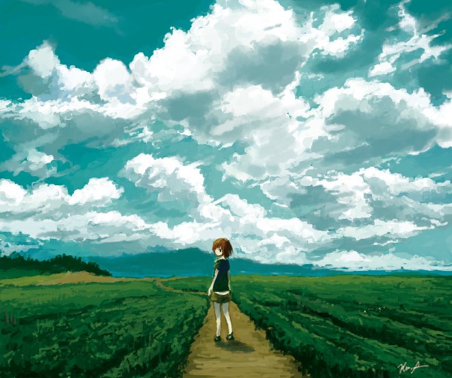 1girl black_footwear blue_sky brown_hair clouds cloudy_sky from_behind kensight328 original outdoors path plant shadow shoes short_hair signature sky solo standing wide_shot