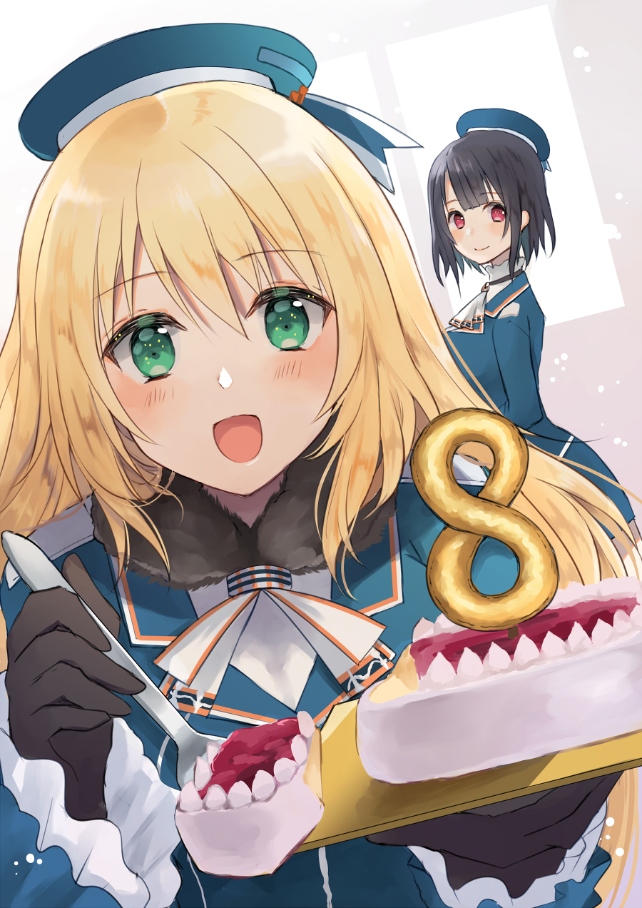 2girls atago_(kancolle) beret black_gloves black_hair blonde_hair blue_headwear breasts cake cake_slice commentary_request food fork gloves green_eyes hat hatomaru_(hatomaru56) highres kantai_collection large_breasts long_hair looking_at_viewer military military_uniform multiple_girls red_eyes short_hair smile solo_focus takao_(kancolle) uniform