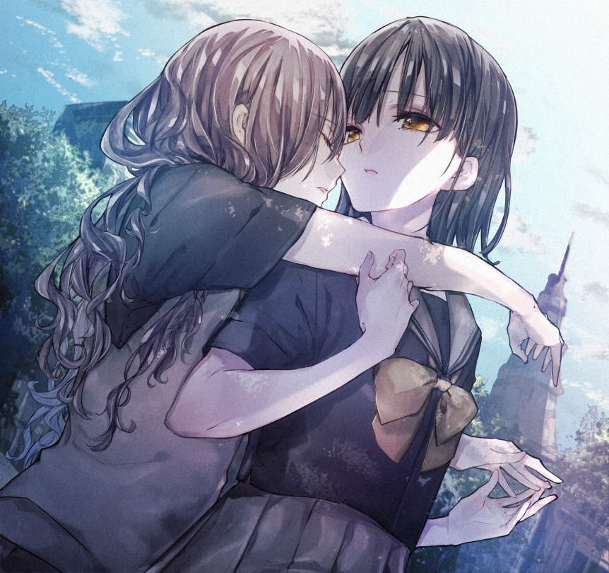 2girls black_hair black_shirt brown_hair closed_eyes clouds cloudy_sky commentary_request dappled_sunlight day dutch_angle enomoto_nao eyebrows_visible_through_hair grey_sailor_collar grey_skirt grey_sweater grey_vest hands hands_together hands_up hug hug_from_behind long_hair long_sleeves looking_at_another multiple_girls original outdoors parted_lips pleated_skirt profile sailor_collar school_uniform serafuku shirt short_sleeves skirt sky sunlight sweater sweater_vest tree vest wavy_hair yellow_eyes yuri