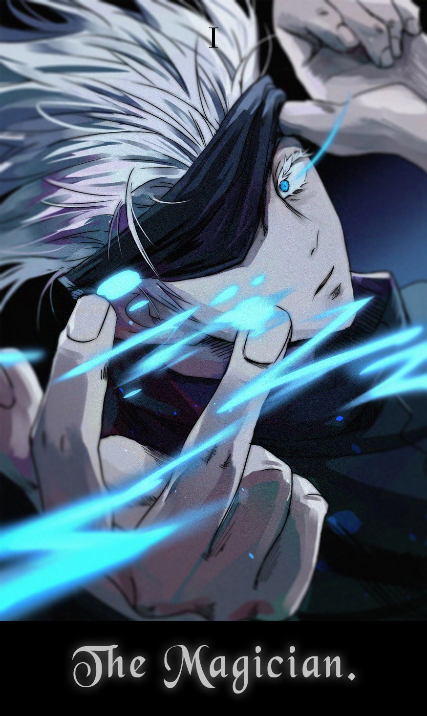 1boy black_background black_blindfold black_jacket blindfold blindfold_lift blue_eyes closed_mouth eyelashes gojou_satoru hands_up high_collar highres jacket jujutsu_kaisen light_trail looking_at_viewer magic male_focus one_eye_covered short_hair solo som_0u0 the_magician_(tarot) upper_body white_hair