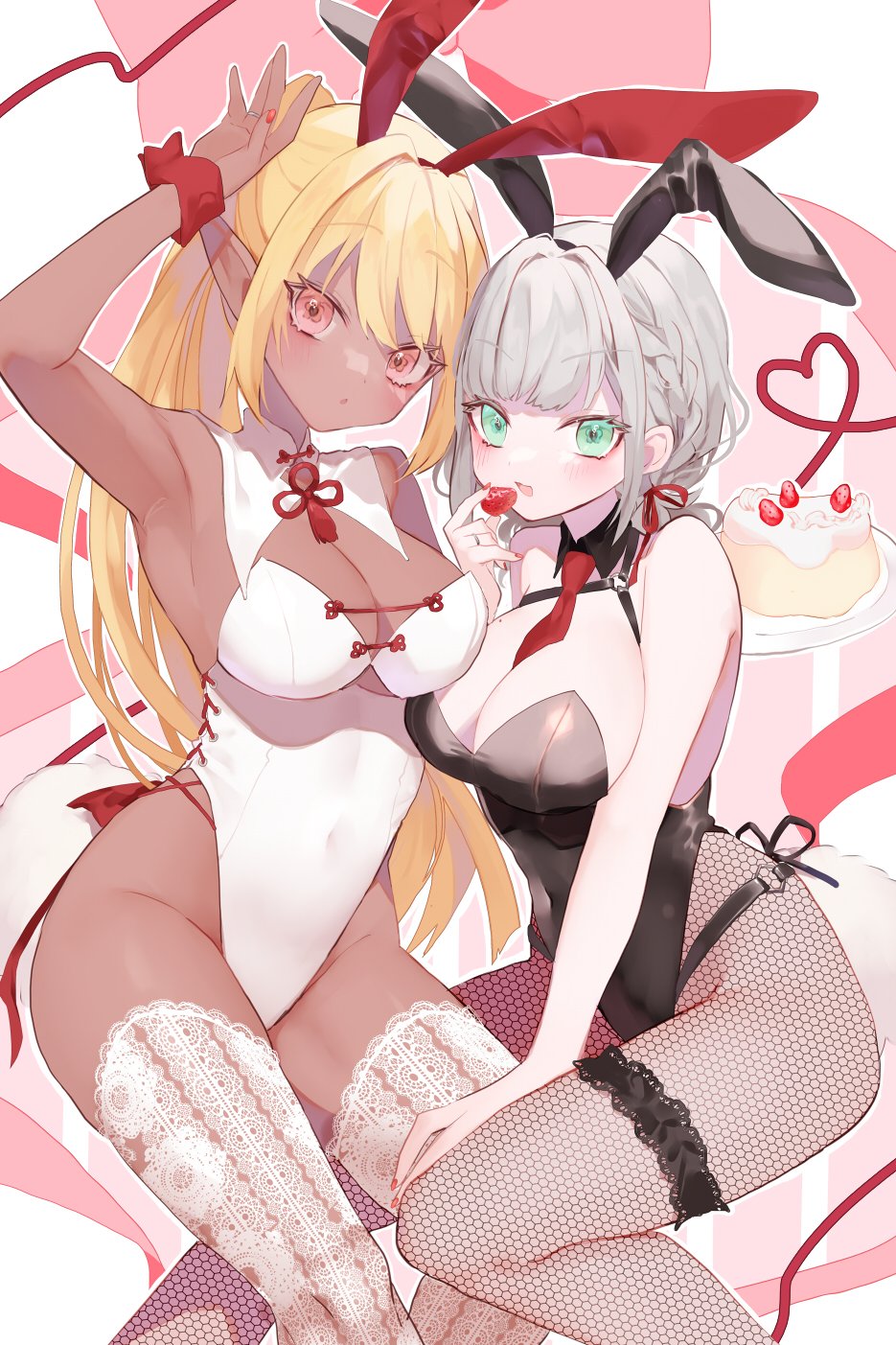 2girls :d animal_ears arm_up armpits bangs bare_shoulders between_breasts black_collar black_leotard blonde_hair braid breasts bunny_tail cake collar commentary_request dark_skin dark-skinned_female fake_animal_ears fake_tail feet_out_of_frame fishnet_legwear fishnets food fruit green_eyes highres hinamori_(18ar0) holding holding_food holding_fruit lace lace_legwear large_breasts leotard long_hair looking_at_viewer medium_breasts medium_hair multiple_girls necktie necktie_between_breasts open_mouth original pantyhose plate playboy_bunny pointy_ears rabbit_ears red_eyes red_neckwear silver_hair smile strapless strapless_leotard strawberry tail thigh-highs white_collar white_legwear white_leotard wrist_cuffs