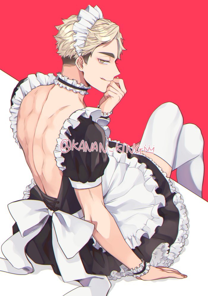 1boy :d alternate_costume back back_cutout black_dress blonde_hair bow choker clothing_cutout crossdressinging crossed_legs dress enmaided frilled_dress frills from_behind haikyuu!! half-closed_eyes kakan_king looking_back maid maid_headdress male_focus miya_atsumu open_mouth puffy_sleeves short_hair short_sleeves smile solo twitter_username white_bow white_legwear wrist_cuffs