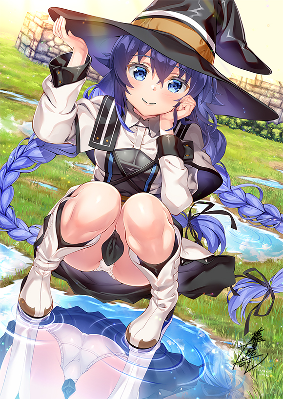 1girl arm_up ass bangs black_headwear blue_eyes blue_hair boots braid capelet closed_mouth commentary_request day dress eyebrows_visible_through_hair fujima_takuya hair_between_eyes hat juliet_sleeves knee_boots knees_together_feet_apart knees_up long_hair long_sleeves looking_at_viewer mushoku_tensei outdoors panties puffy_sleeves reflection ripples roxy_migurdia smile solo squatting twin_braids twintails underwear very_long_hair water white_capelet white_dress white_footwear white_panties witch_hat