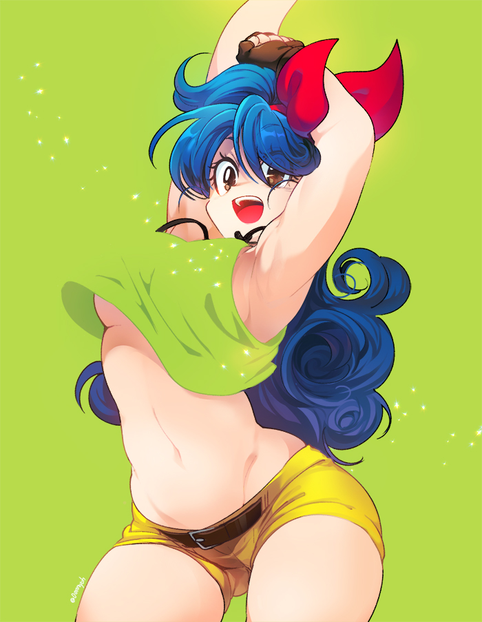 1girl armpits arms_up belt black_gloves blue_hair breasts brown_belt brown_eyes clenched_hand contrapposto cowboy_shot crop_top curly_hair dragon_ball dragon_ball_(classic) eyebrows_visible_through_hair eyelashes eyes_visible_through_hair facing_viewer fingerless_gloves gloves green_background groin hair_ribbon happy hip_bones long_eyelashes long_hair looking_afar lunch_(dragon_ball) medium_breasts navel no_bra ommmyoh open_mouth red_ribbon ribbon shirt_lift short_shorts shorts sideboob simple_background smile solo stomach tareme teeth thick_thighs thighs twitter_username under_boob upper_teeth wide-eyed yellow_shorts