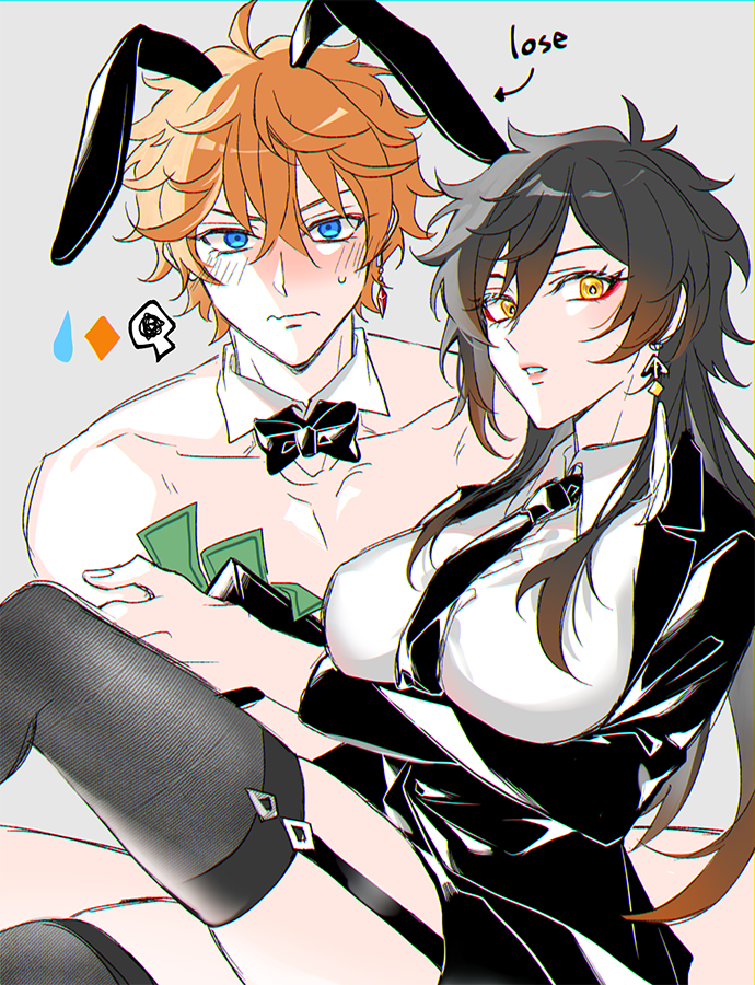 1boy 1girl animal_ears bangs black_hair black_legwear blue_eyes blush bow bowtie breasts closed_mouth collarbone collared_shirt commentary_request crying detached_collar earrings english_text eyeliner eyeshadow fake_animal_ears formal garter_straps genderswap genderswap_(mtf) genshin_impact gradient_hair grey_background hair_between_eyes jacket jewelry large_breasts leotard long_hair long_sleeves looking_at_viewer makeup male_playboy_bunny mmmia_maple money multicolored_hair necktie open_mouth orange_hair playboy_bunny playboy_bunny_leotard rabbit_ears red_eyeshadow shirt short_hair simple_background single_earring squiggle suit sweat symbol_commentary tartaglia_(genshin_impact) tassel tassel_earrings tearing_up thigh-highs yellow_eyes zhongli_(genshin_impact)