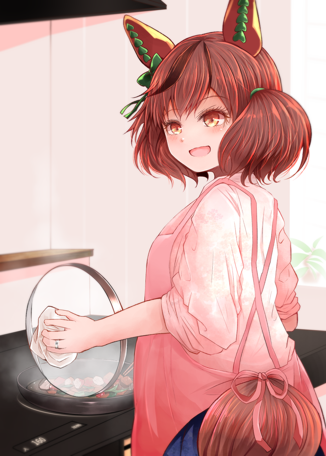 1girl :d animal_ears apron arano_oki bangs blue_skirt blush brown_eyes brown_hair chopsticks cooking eyebrows_visible_through_hair food from_behind highres holding horse_ears horse_girl horse_tail indoors jewelry long_sleeves multicolored_hair nice_nature_(umamusume) open_mouth pink_apron pleated_skirt ring shirt skirt smile solo streaked_hair tail twintails umamusume wedding_band white_shirt