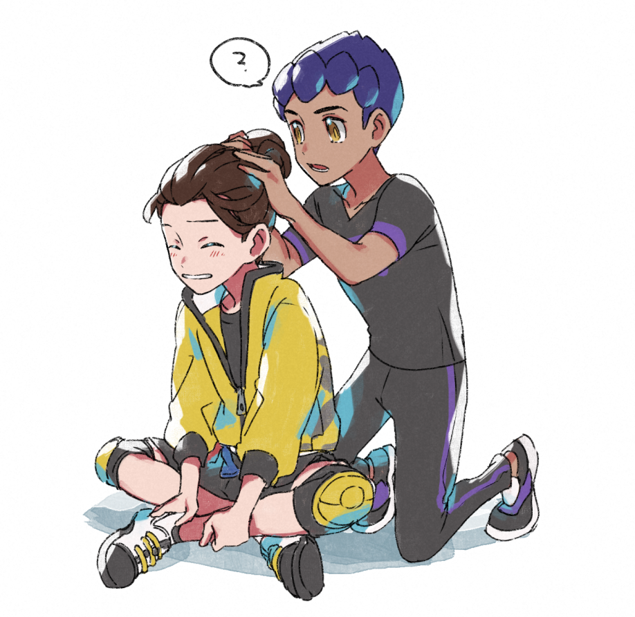 2boys ? adjusting_hair black_pants black_shirt blush brown_hair closed_eyes commentary_request dark_skin dark_skinned_male hop_(pokemon) knee_pads kneeling male_focus master_dojo_uniform multiple_boys pants pokemon pokemon_(game) pokemon_swsh purple_hair shirt shoes short_hair short_sleeves shorts smile spoken_question_mark suruga_dbh victor_(pokemon) yellow_eyes zipper_pull_tab