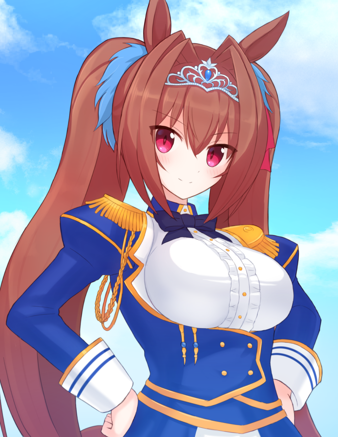 1girl aiguillette bangs blue_sky blush bow breasts brown_hair buttons center_frills closed_mouth clouds daiwa_scarlet_(umamusume) day disconnected_mouth epaulettes eyebrows_visible_through_hair eyes_visible_through_hair frills hair_between_eyes hair_intakes hands_on_hips horse_girl horse_tail juliet_sleeves long_hair long_sleeves looking_at_viewer medium_breasts outdoors pink_eyes puffy_sleeves sky sleeve_cuffs smile solo suta_(clusta) tail tiara twintails umamusume very_long_hair