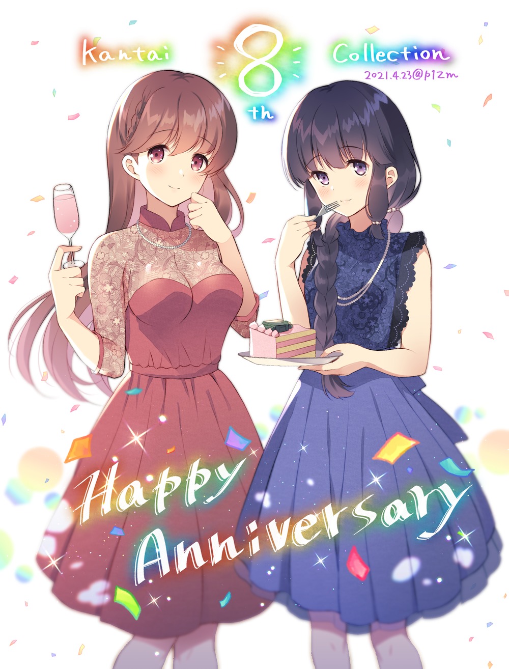 2girls anniversary black_hair blue_dress blush braid brown_eyes brown_hair cake closed_mouth copyright_name cup dated dress drinking_glass eyebrows_visible_through_hair feet_out_of_frame food fork hair_between_eyes highres holding holding_cup holding_fork holding_plate jewelry kantai_collection kitakami_(kancolle) komi_zumiko long_hair multiple_girls necklace ooi_(kancolle) plate red_dress simple_background single_braid smile twitter_username violet_eyes white_background