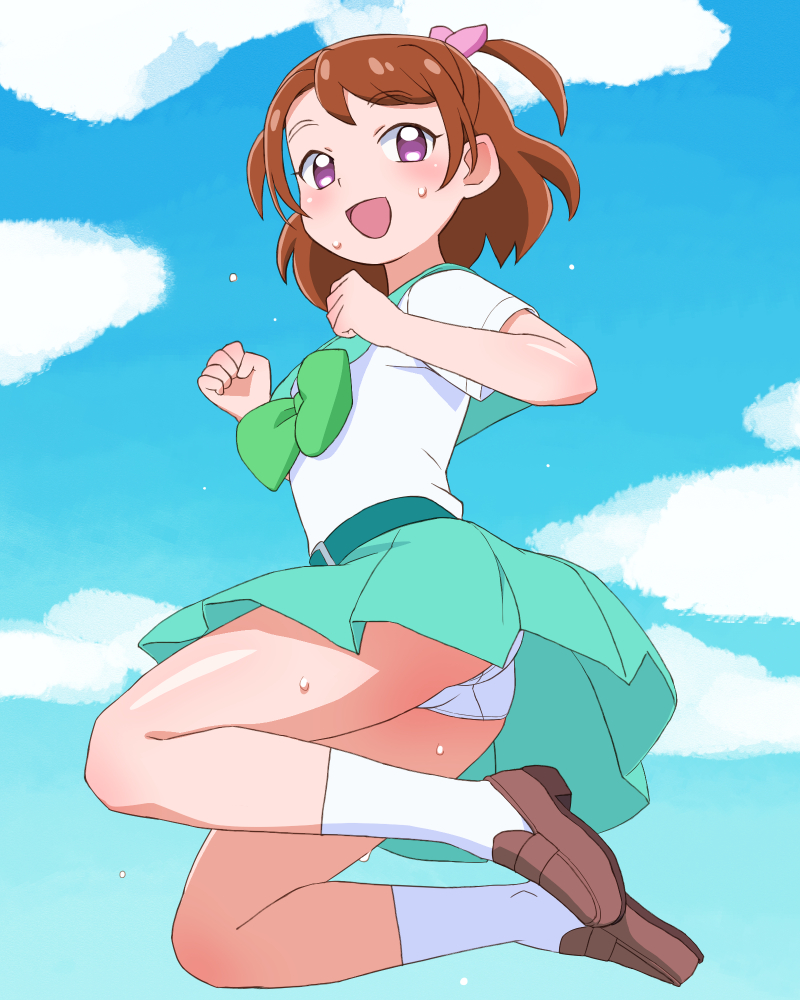 1girl air_pantyshot aozora_middle_school_uniform aqua_sailor_collar aqua_skirt ass blouse blue_sky bow bowtie brown_footwear brown_hair clenched_hands clouds cloudy_sky commentary_request day eyebrows_visible_through_hair from_below from_side full_body green_bow green_neckwear hair_bow heart heart_in_eye jumping komachi_naomi legs_up loafers looking_at_viewer looking_to_the_side midair miniskirt outdoors panties pantyshot pink_bow precure school_uniform shoes short_hair skirt sky socks solo sweat symbol_in_eye tropical-rouge!_precure twintails two_side_up umi_no_tarako underwear violet_eyes white_blouse white_legwear white_panties