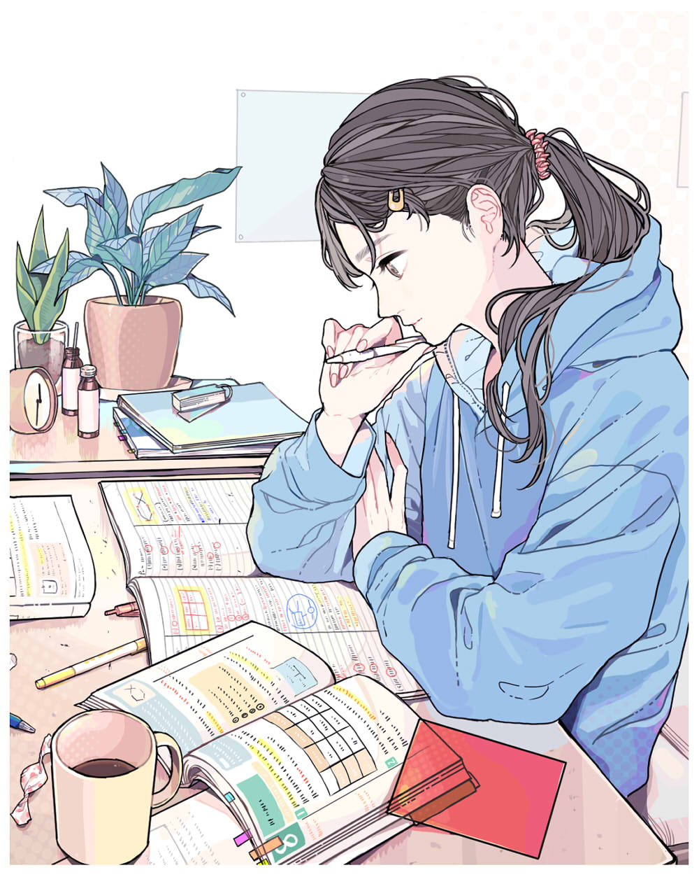 1girl black_hair blue_hoodie book brown_eyes candy clock coffee coffee_cup cup disposable_cup elbows_on_table flash_cards food hair_ornament hair_scrunchie hairclip highres holding holding_pen hood hoodie indoors kko_(um7mr) long_hair looking_down notebook open_book original pen pencil plant ponytail potted_plant profile scrunchie serious sitting solo studying table white_background