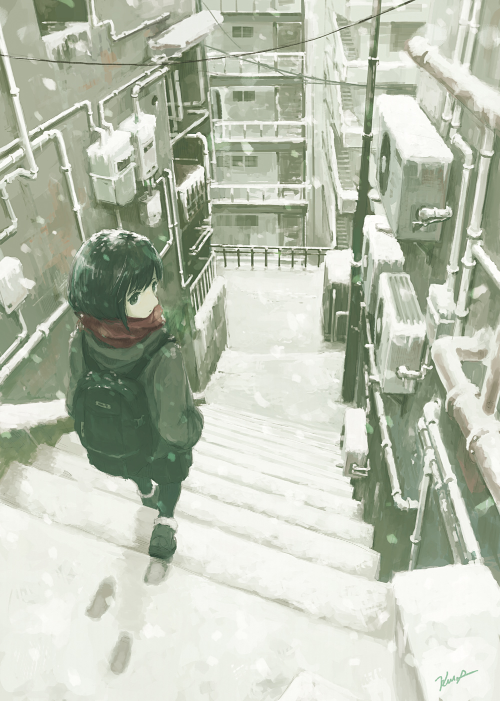 1girl backpack bag bangs black_hair boots coat footprints from_above from_behind fur_trim grey_coat hands_in_pockets highres kensight328 long_sleeves medium_hair muted_color original outdoors pipes red_scarf scarf shoes signature snow solo spot_color stairs