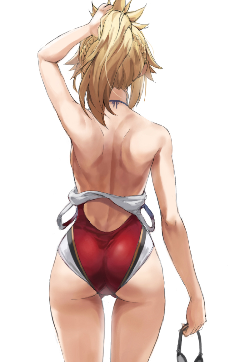 1girl ass back bare_shoulders blonde_hair braid breasts fate/apocrypha fate_(series) french_braid hair_ornament hair_scrunchie long_hair mordred_(fate) mordred_(fate)_(all) no_bra off_shoulder one-piece_swimsuit ponytail red_swimsuit scrunchie sidelocks small_breasts swimsuit thighs toned tonee