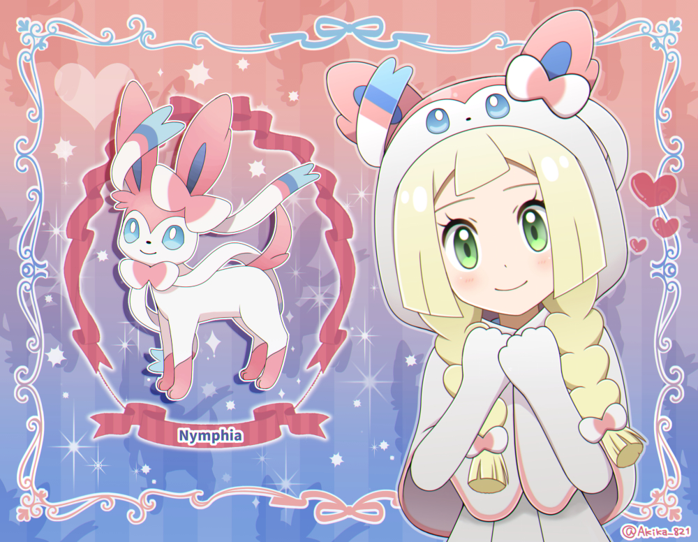 1girl akika_821 artist_name bangs blonde_hair blush bow braid character_name closed_mouth eyelashes framed gen_6_pokemon green_eyes hair_bow hands_together hands_up head_tilt hood hood_up lillie_(pokemon) looking_at_viewer pokemon pokemon_(anime) pokemon_ears pokemon_sm_(anime) poncho shiny shiny_hair smile sylveon twin_braids upper_body