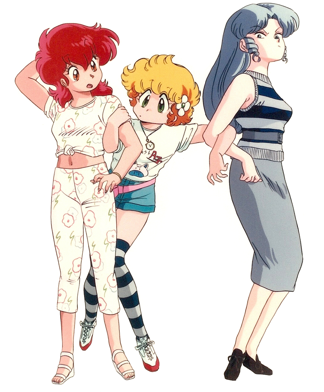 1980s_(style) 3girls arm_behind_head arm_grab arm_up bangs blonde_hair bracelet casual daitokuji_biko drill_locks eyebrows_visible_through_hair floral_print flower green_eyes hair_flower hair_ornament highres jewelry kotobuki_shiiko long_hair magami_eiko multiple_girls official_art open_mouth project_a-ko red_eyes redhead retro_artstyle sandals scan scowl shirt shoes short_hair short_sleeves shorts silver_hair simple_background sneakers standing striped striped_legwear thigh-highs tied_shirt white_background