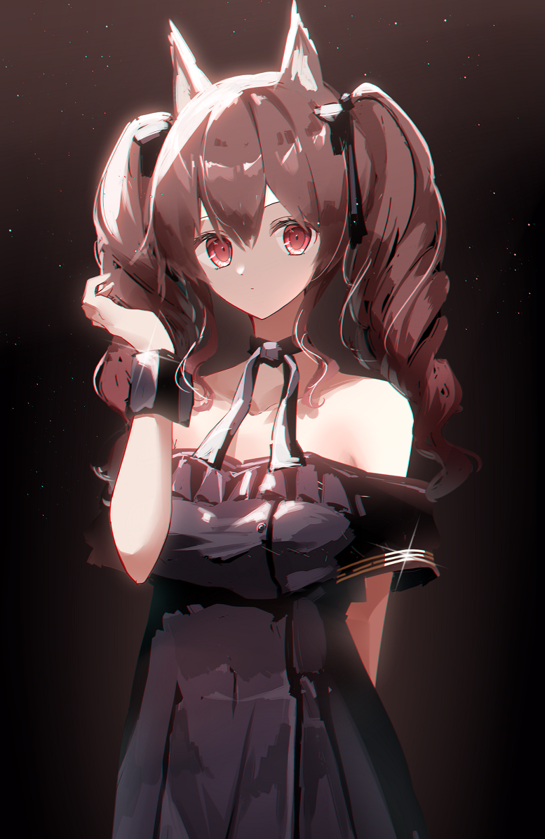 1girl a.a_(aa772) angelina_(arknights) animal_ear_fluff animal_ears arknights bangs bare_shoulders black_dress braid breasts brown_hair commentary_request dress eyebrows_behind_hair frilled_dress frills hair_between_eyes hand_up long_hair looking_at_viewer medium_breasts off-shoulder_dress off_shoulder red_eyes short_sleeves solo twin_braids twintails