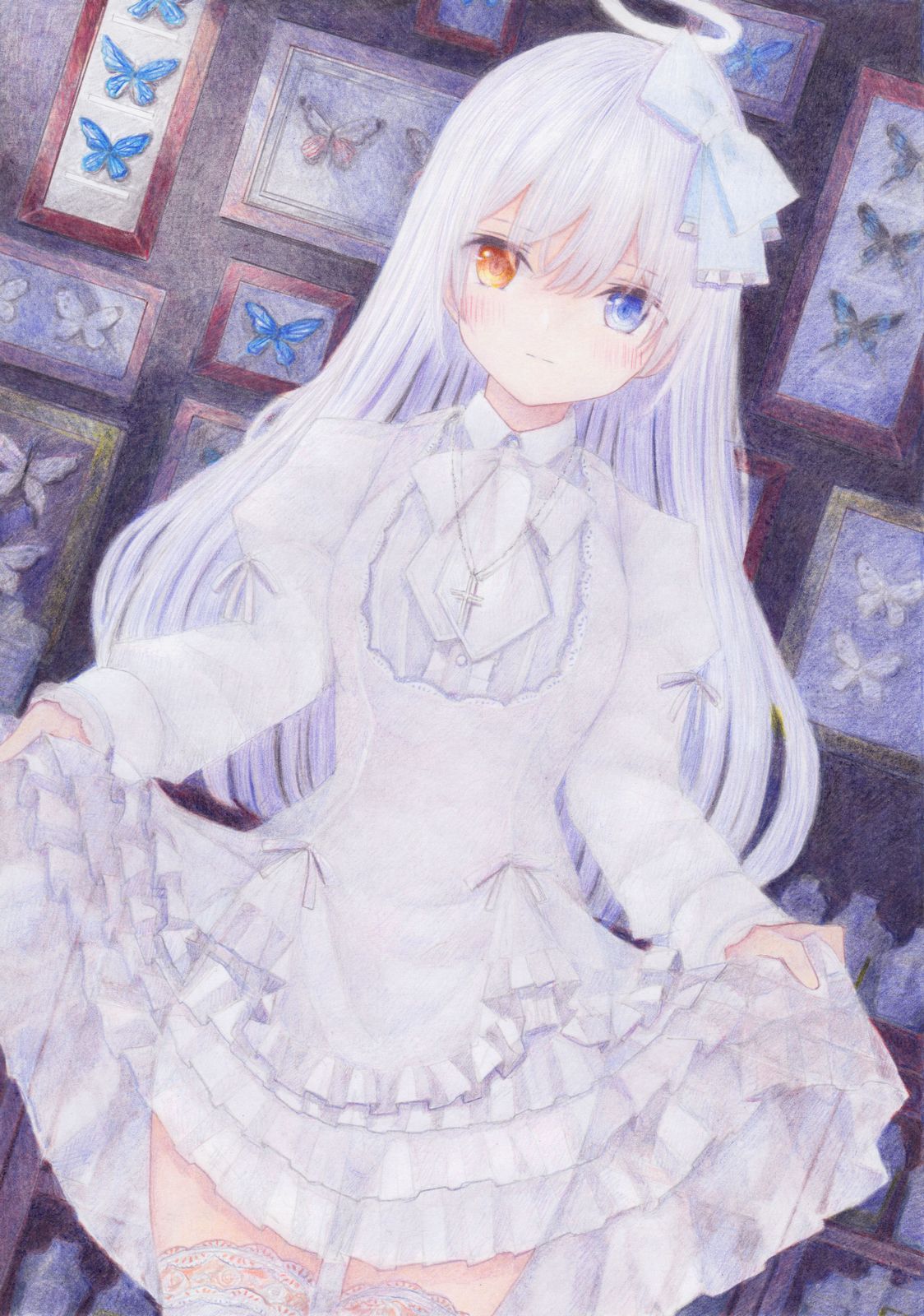 1girl blush bow colored_pencil_(medium) curtsey darkkanan dress eyebrows_visible_through_hair eyes_visible_through_hair frilled_dress frills hair_bow halo heterochromia highres indoors lolita_fashion long_hair looking_at_viewer original pinafore_dress solo standing thigh-highs thighs traditional_media white_dress white_hair