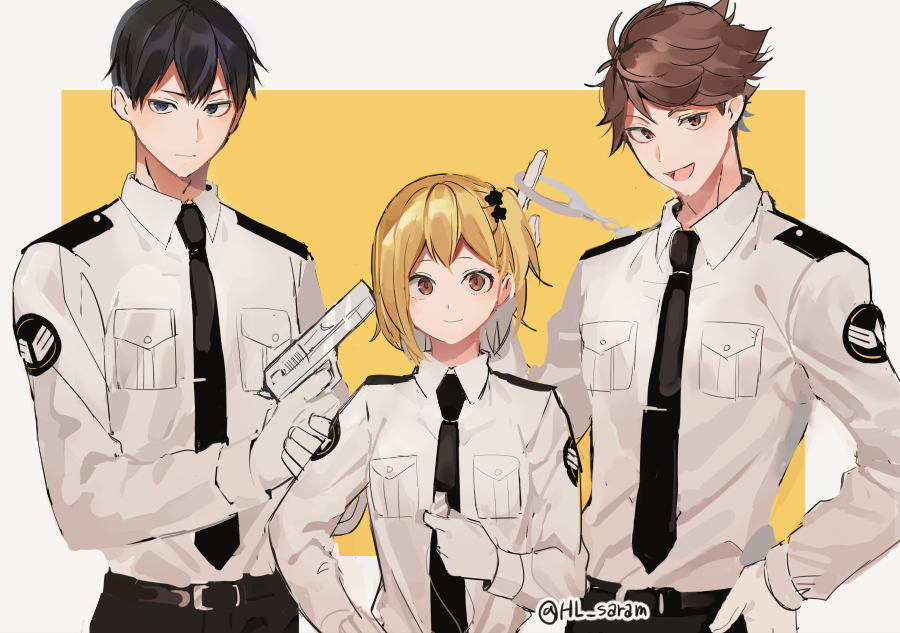 1girl 2boys :d bangs black_eyes black_hair blonde_hair border brown_eyes brown_hair cuffs gloves gun haikyuu!! hand_on_hip handcuffs handgun holding holding_gun holding_weapon joman kageyama_tobio multiple_boys necktie oikawa_tooru_(haikyuu!!) one_side_up open_mouth pistol police police_uniform policewoman shirt short_hair simple_background smile standing twitter_username uniform weapon white_gloves white_shirt yachi_hitoka yellow_background