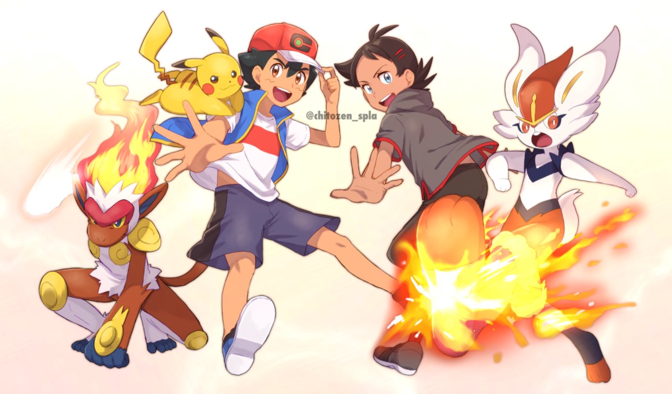 2boys :d ash_ketchum bangs baseball_cap black_hair black_pants blue_jacket brown_eyes chitozen_(pri_zen) cinderace gen_1_pokemon gen_4_pokemon gen_8_pokemon goh_(pokemon) grey_shirt hair_between_eyes hat infernape jacket knees male_focus multiple_boys on_shoulder open_mouth pants pikachu pokemon pokemon_(anime) pokemon_(creature) pokemon_on_shoulder pokemon_swsh_(anime) shirt shoes short_sleeves shorts sleeveless sleeveless_jacket smile spread_fingers symbol_commentary t-shirt tongue upper_teeth white_shirt