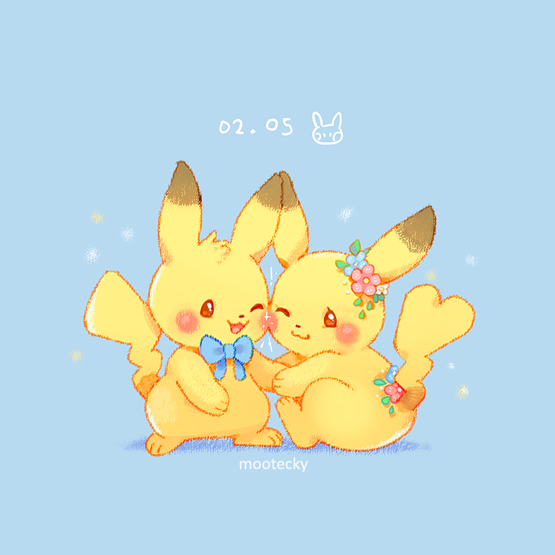 :3 blue_flower blue_neckwear bow bowtie brown_eyes closed_mouth commentary dated eyelashes flower gen_1_pokemon holding_hand mootecky no_humans open_mouth paws pikachu pikachu_day pink_flower pokemon pokemon_(creature) sitting smile standing toes tongue