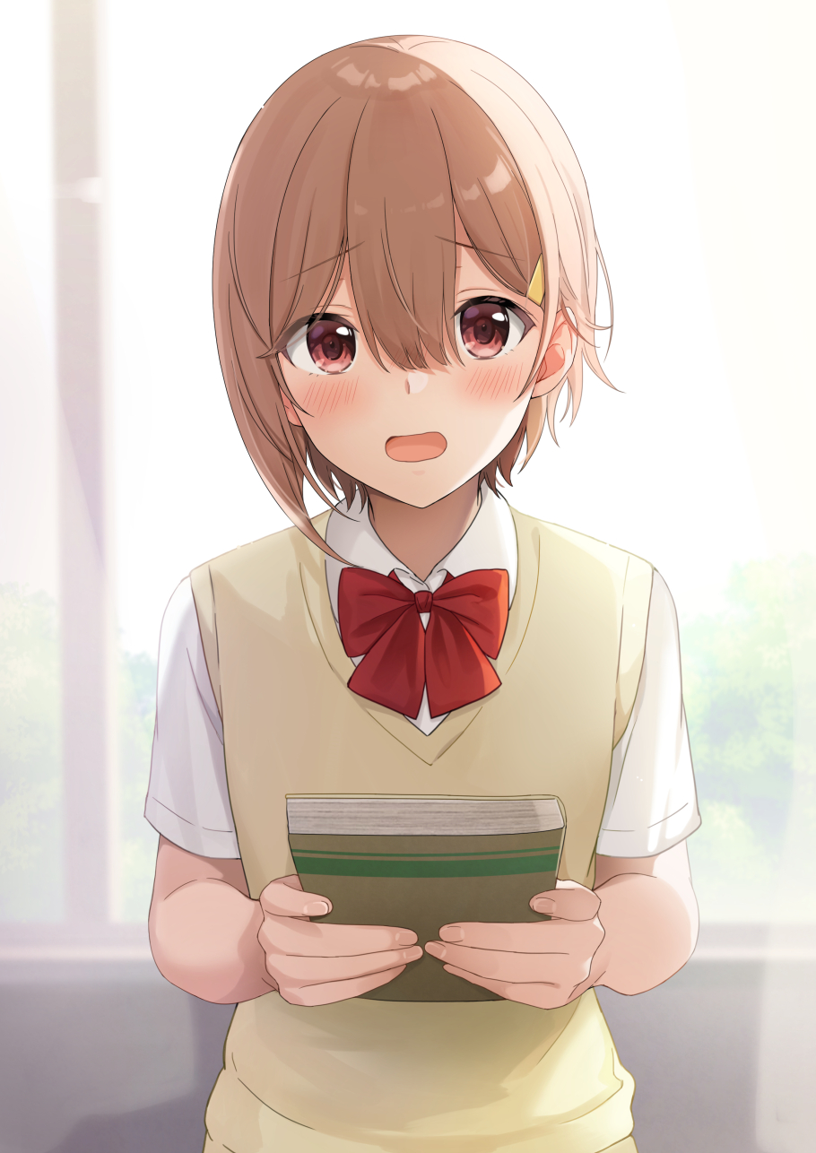 1girl azuki_yui bangs blurry blurry_background blush book bow bowtie brown_eyes brown_hair collared_shirt embarrassed eyebrows_visible_through_hair hair_between_eyes hair_ornament hairclip highres holding holding_book looking_at_viewer open_mouth original red_bow red_neckwear school_uniform shirt short_hair short_sleeves solo upper_body white_shirt